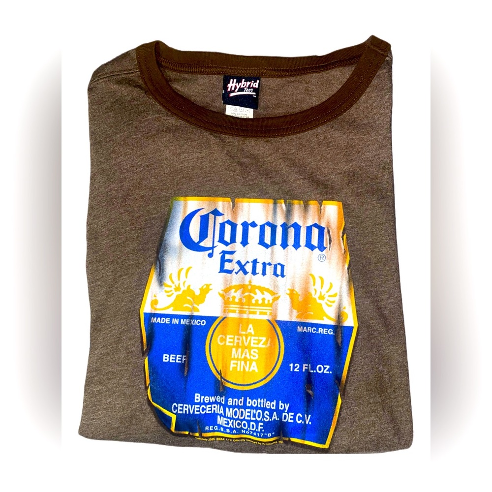 Hybrid Tees Brown Y2K Ringer Tee Corona Beer Logo Graphic T Shirt Mens XL Unisex